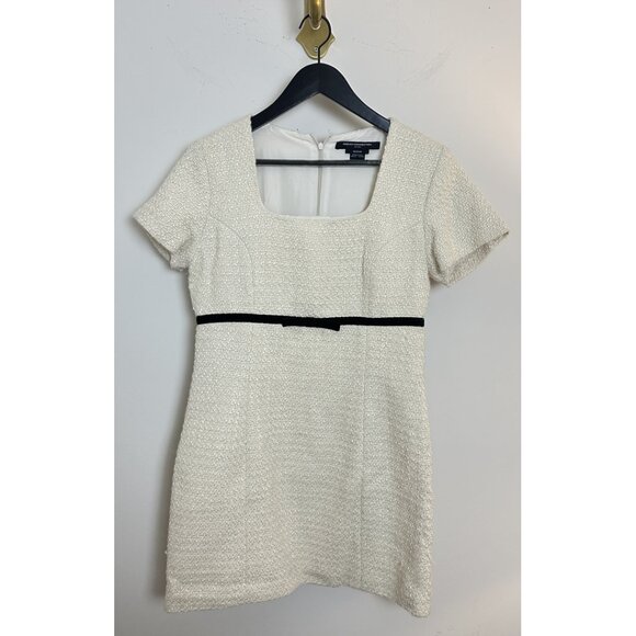 FRENCH CONNECTION Velvet Bow Short Sleeve Bouclé Minidress in Cream/ Black - Picture 3 of 11
